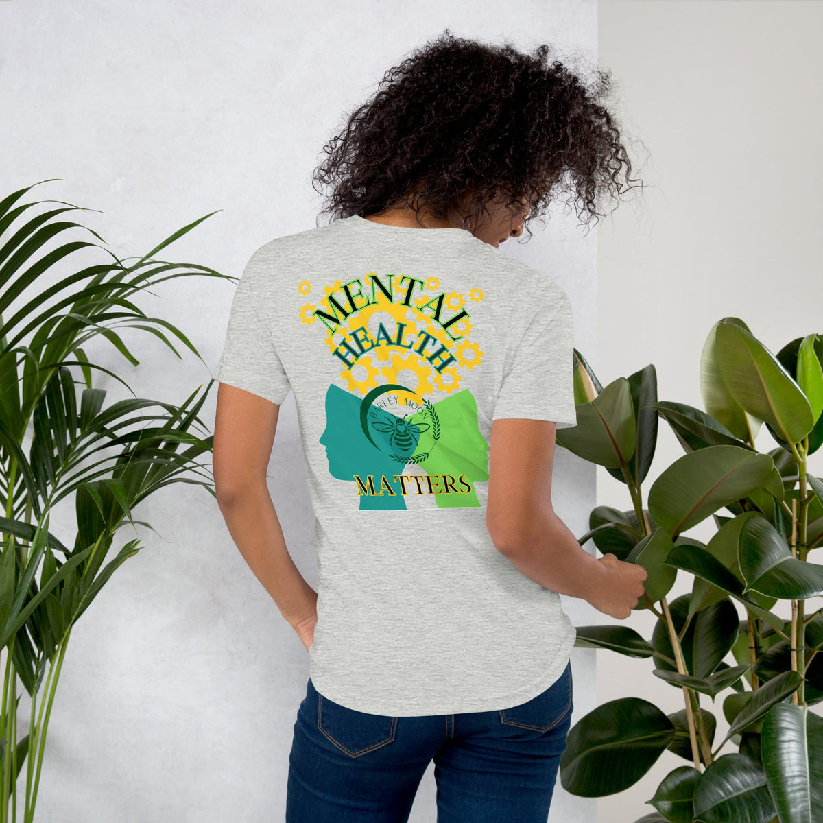 Barley Moon Botanicals unisex heather grey t-shirt featuring a mental health awareness graphic on the back.