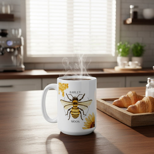 Barley Moon Botanicals 15 oz white ceramic mug with a bee, honeycomb, and flower design on a kitchen counter.