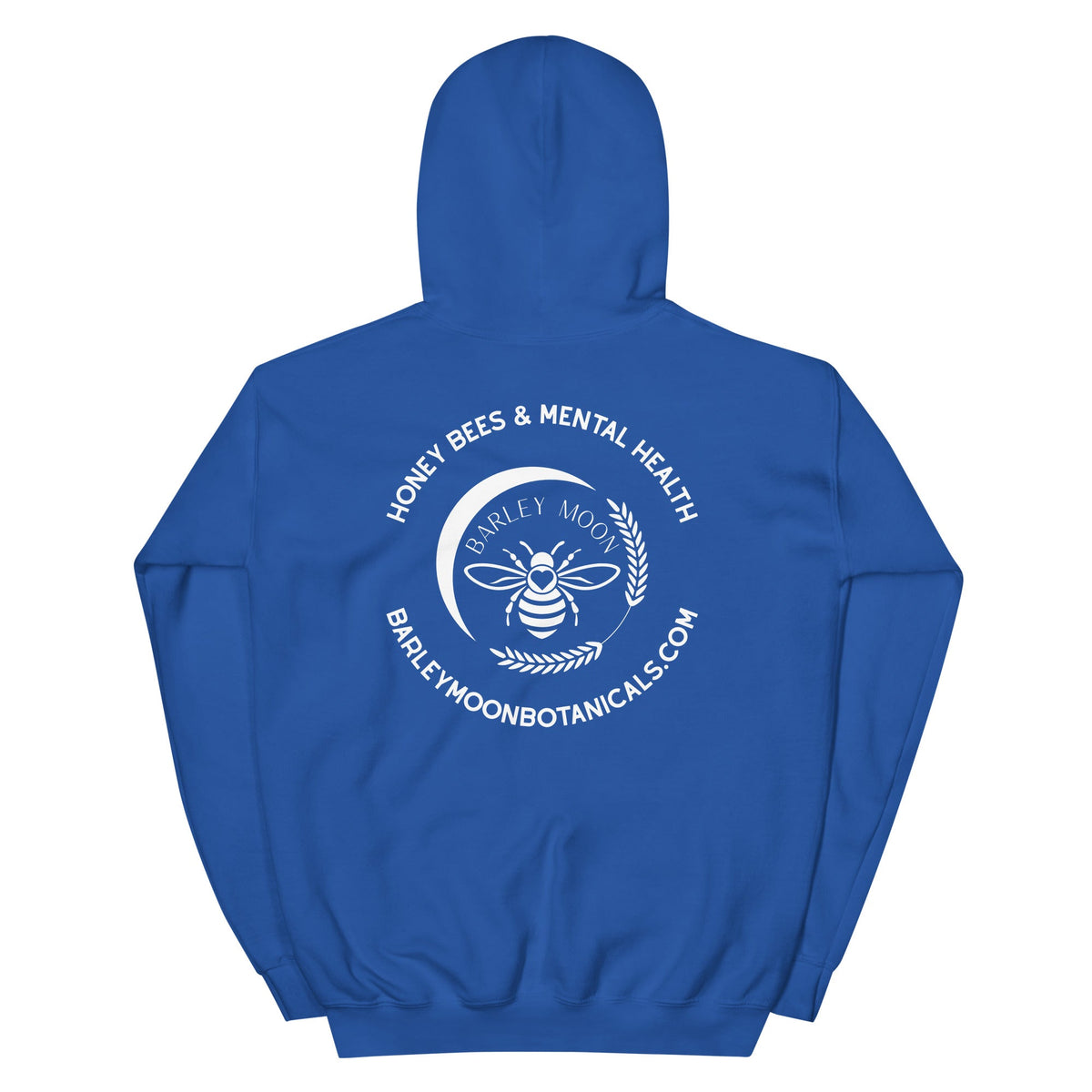 Back view of a blue Barley Moon Botanicals unisex hoodie featuring a white bee and crescent moon logo graphic.