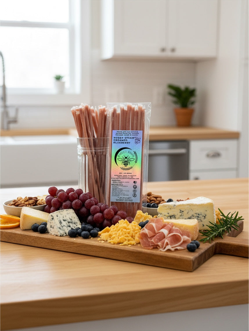 Barley Moon Botanicals blueberry creamed honey straws displayed on a wooden charcuterie board with cheese and fruit.