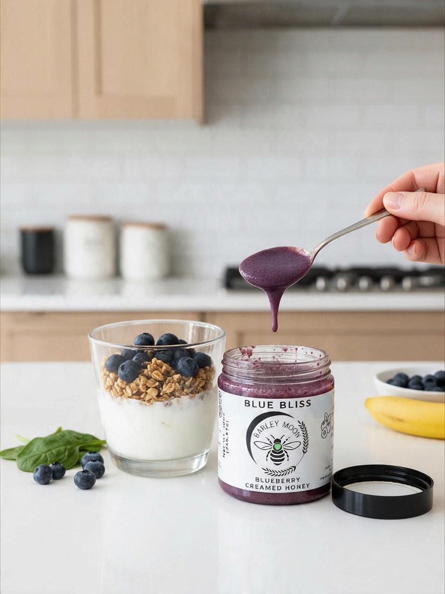 Barley Moon Botanicals Blue Bliss blueberry creamed honey being drizzled from a spoon over a yogurt and granola bowl.