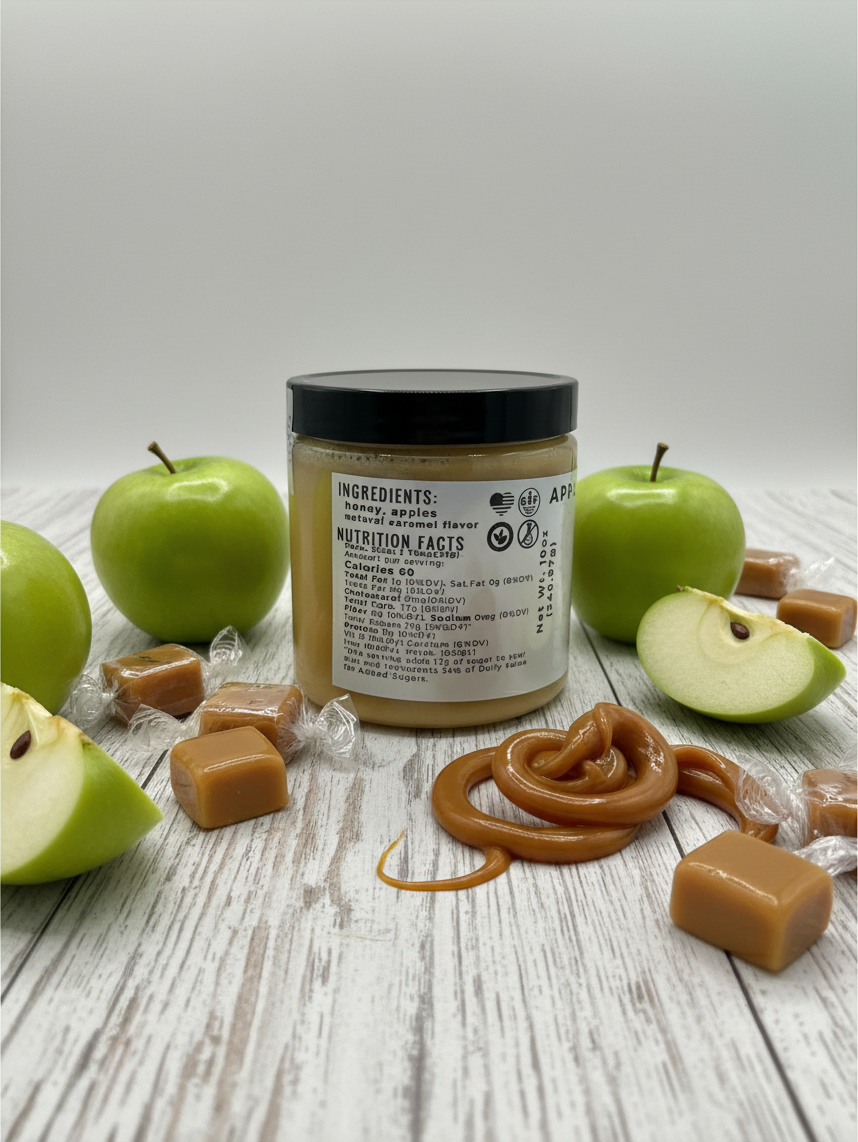 Barley Moon Botanicals Apple-y Ever After creamed honey jar surrounded by fresh green apples and caramel candies.
