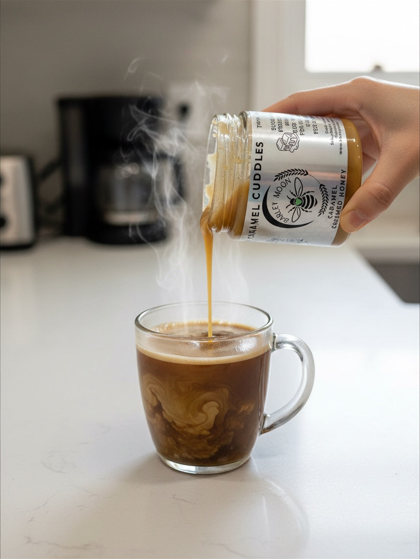 Barley Moon Botanicals Caramel Cuddles creamed honey being poured into a steaming glass mug of hot coffee
