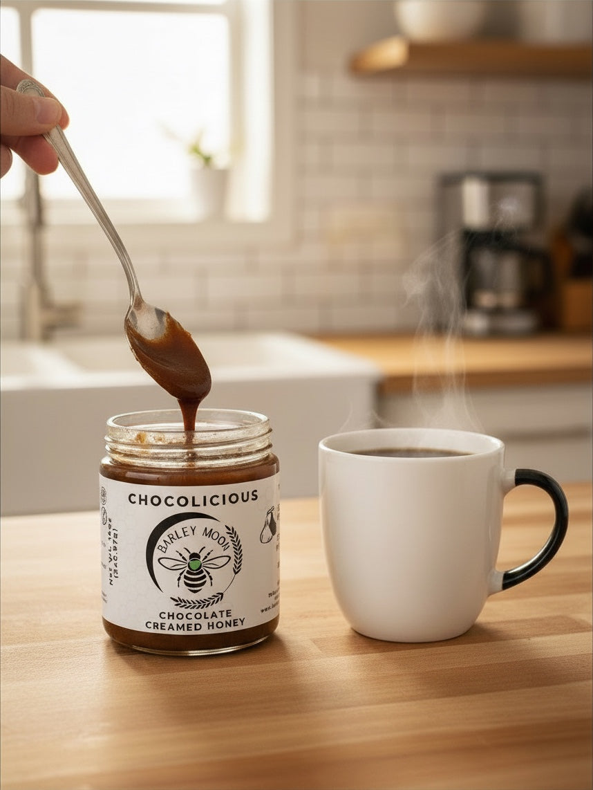 Barley Moon Botanicals Chocolicious chocolate creamed honey jar with a spoon and a steaming cup of coffee