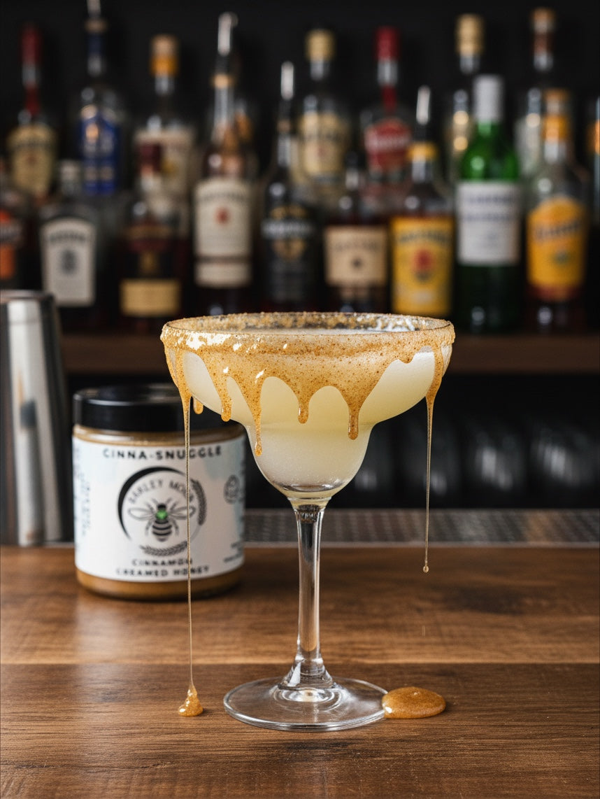 Barley Moon Botanicals Cinna-Snuggle cinnamon creamed honey dripping down a cocktail glass rim on a wooden bar