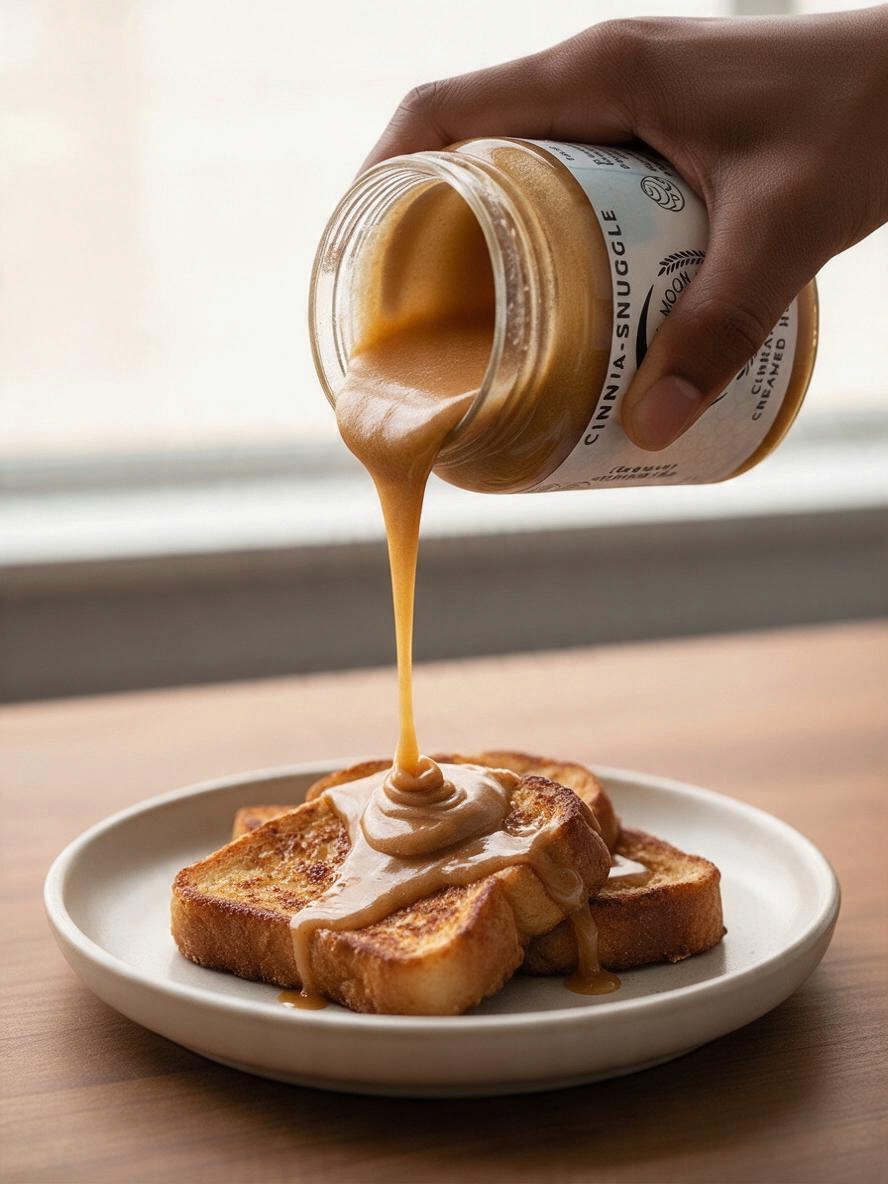 Barley Moon Botanicals Cinna-Snuggle cinnamon creamed honey being poured over golden brown toasted bread slices