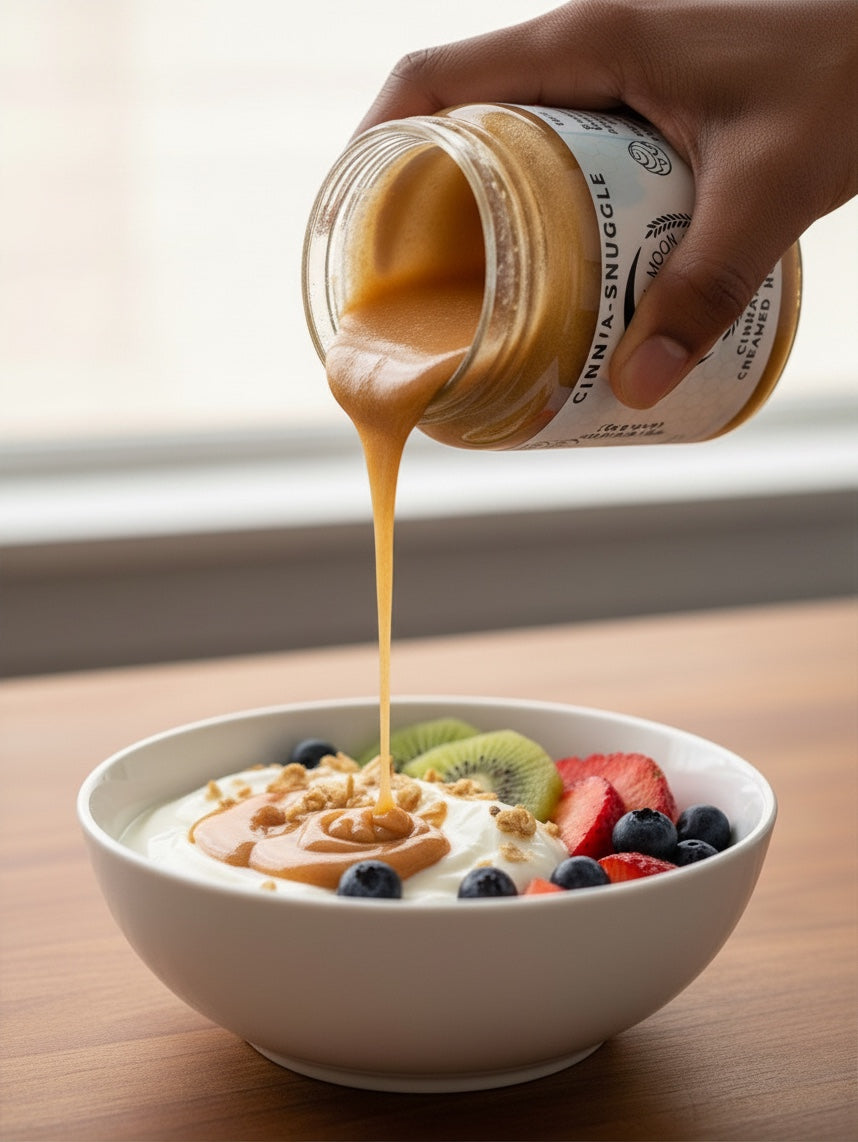 Barley Moon Botanicals Cinna-Snuggle cinnamon creamed honey being drizzled over a bowl of yogurt with fresh fruit