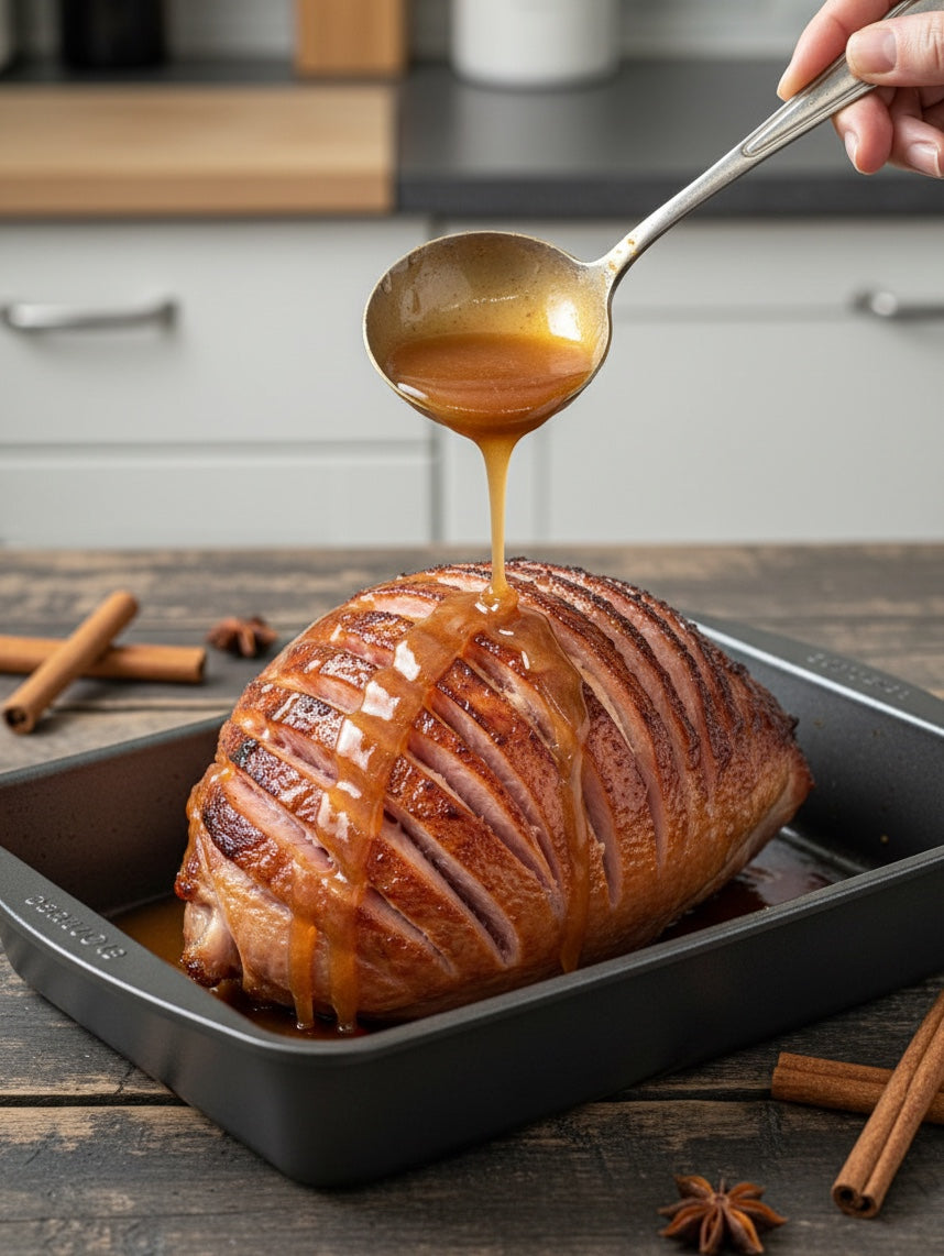 Barley Moon Botanicals Cinna-Snuggle cinnamon creamed honey drizzled over a glazed spiral ham in a roasting pan