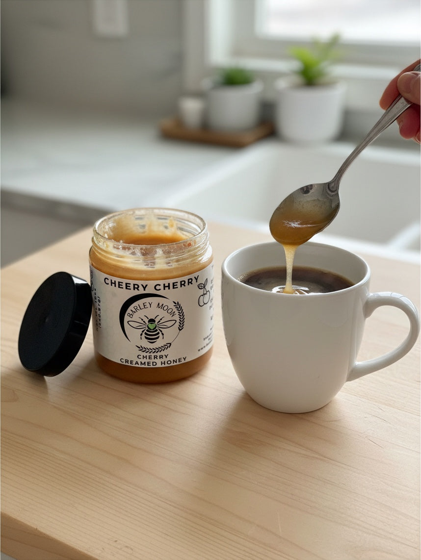 Barley Moon Botanicals Cheery Cherry creamed honey in a glass jar being drizzled into a white coffee mug with a spoon