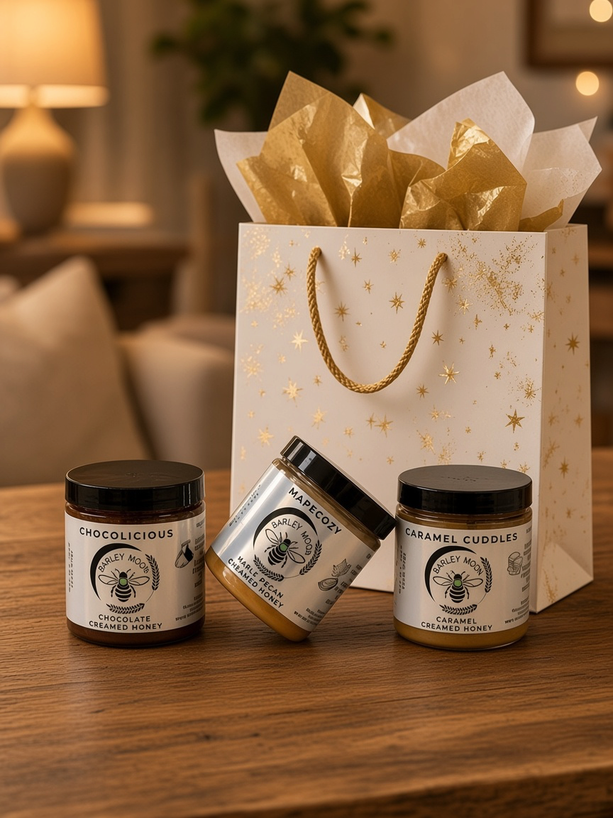 Barley Moon Botanicals Coffee Lover Bundle featuring three jars of creamed honey in chocolate, caramel, and maple.