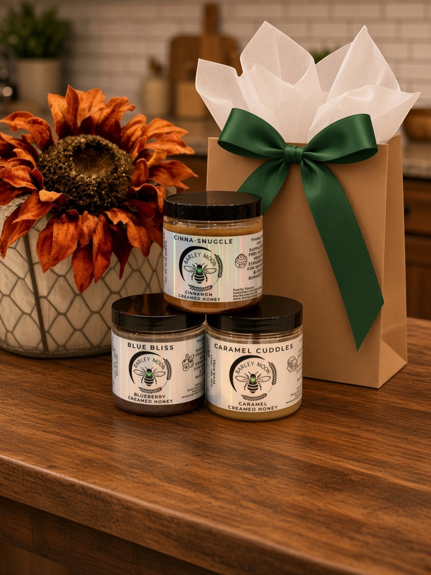 Barley Moon Botanicals Crowd Favorites Trio of creamed honey jars with cinnamon, blueberry, and caramel flavors.