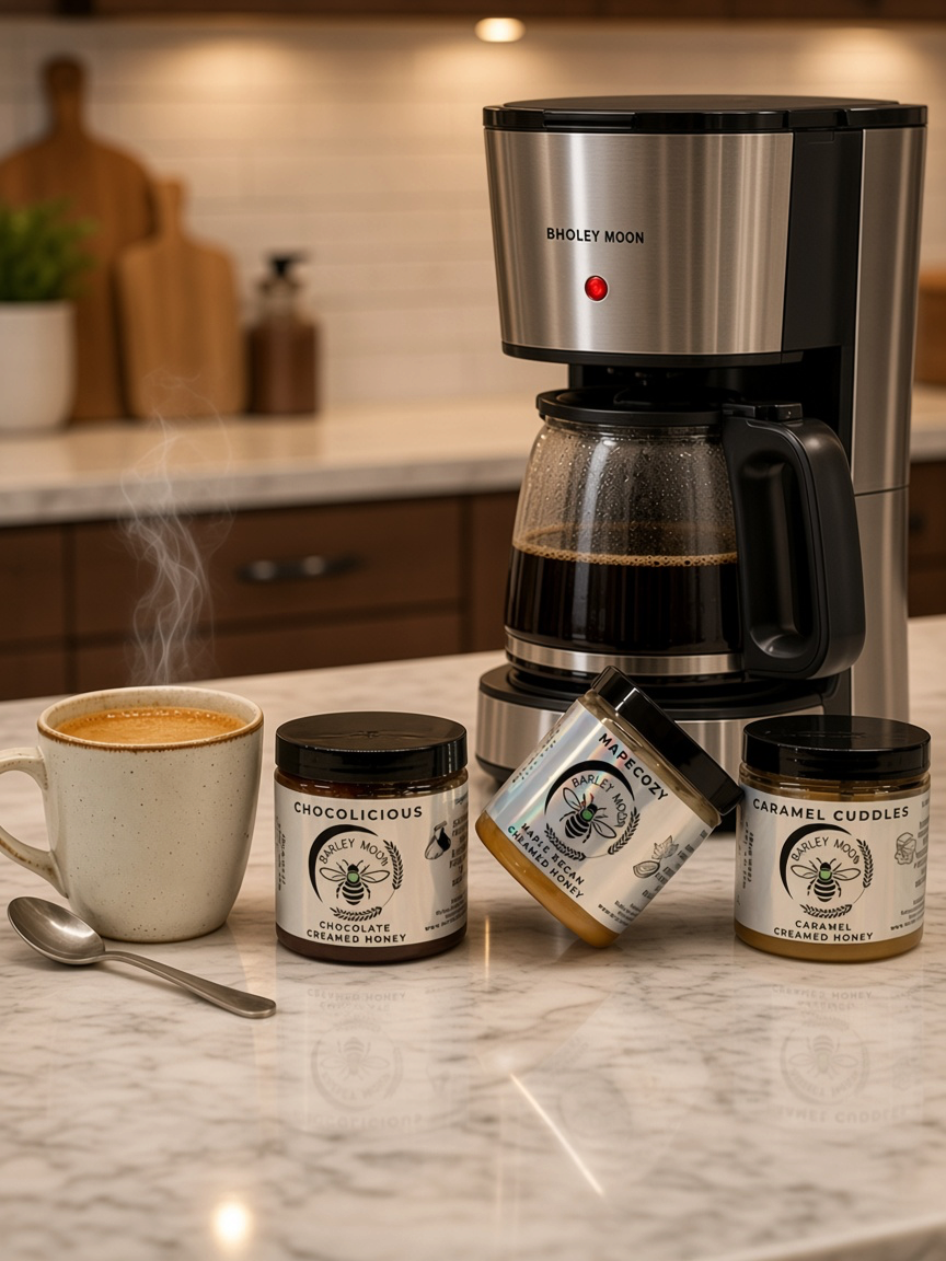 Barley Moon Botanicals Coffee Lover Bundle featuring three jars of creamed honey next to a coffee maker and mug.