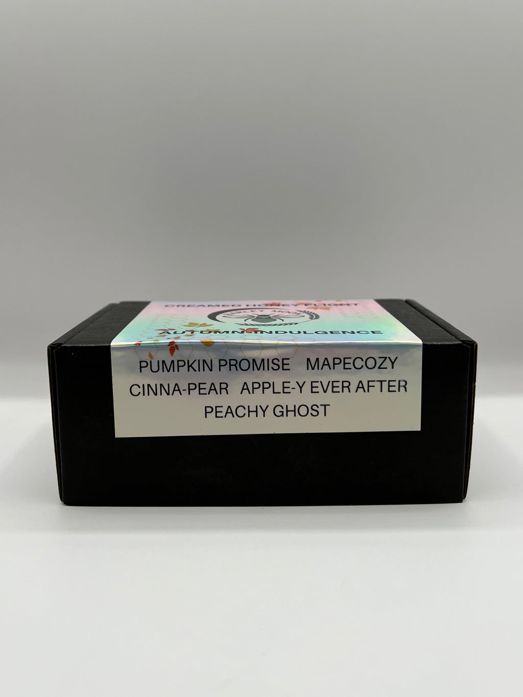 Barley Moon Botanicals Autumn Indulgence creamed honey flight set in a black gift box with a descriptive flavor label