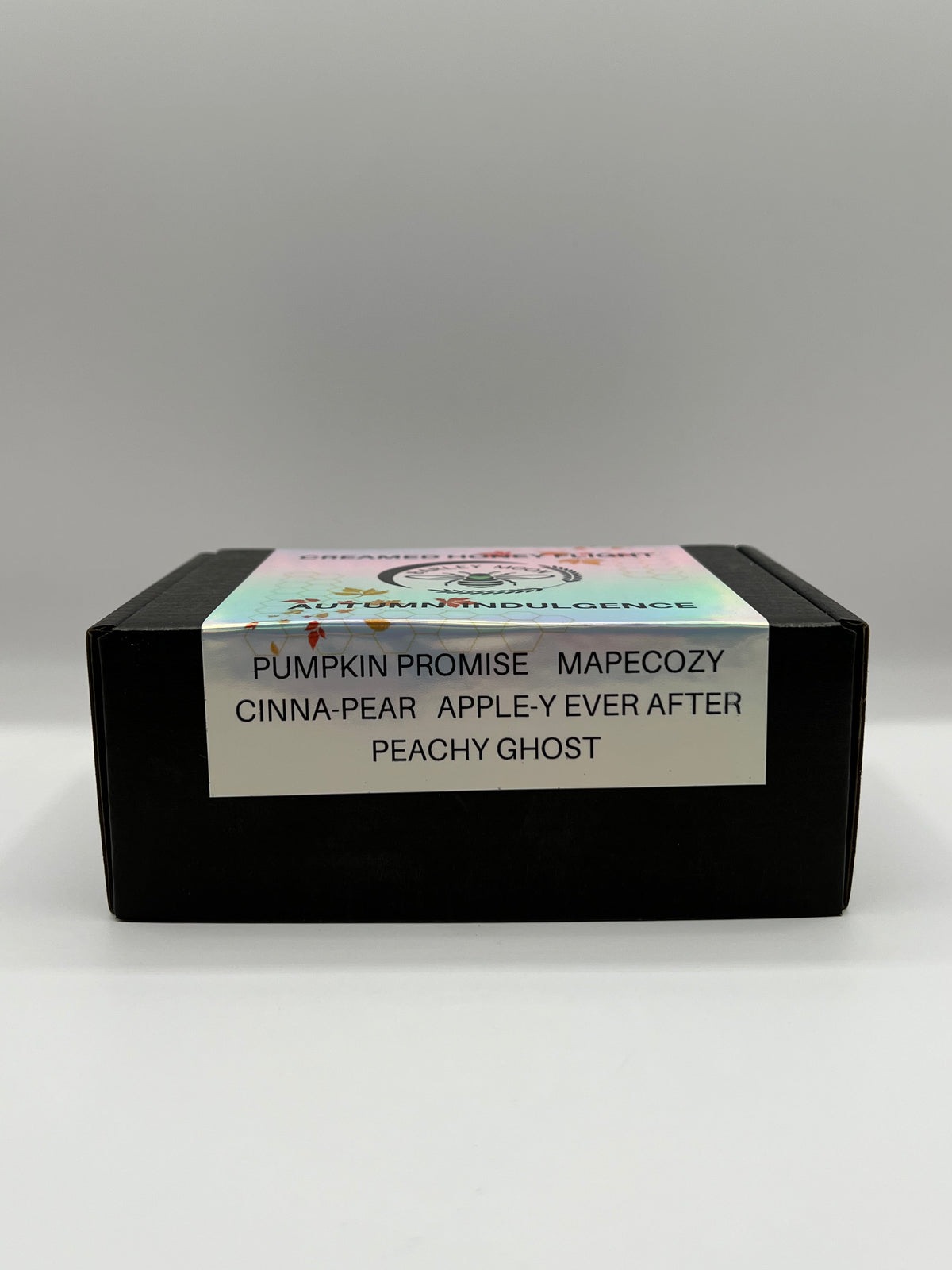 Barley Moon Botanicals Autumn Indulgence creamed honey flight set in a black gift box with a descriptive flavor label
