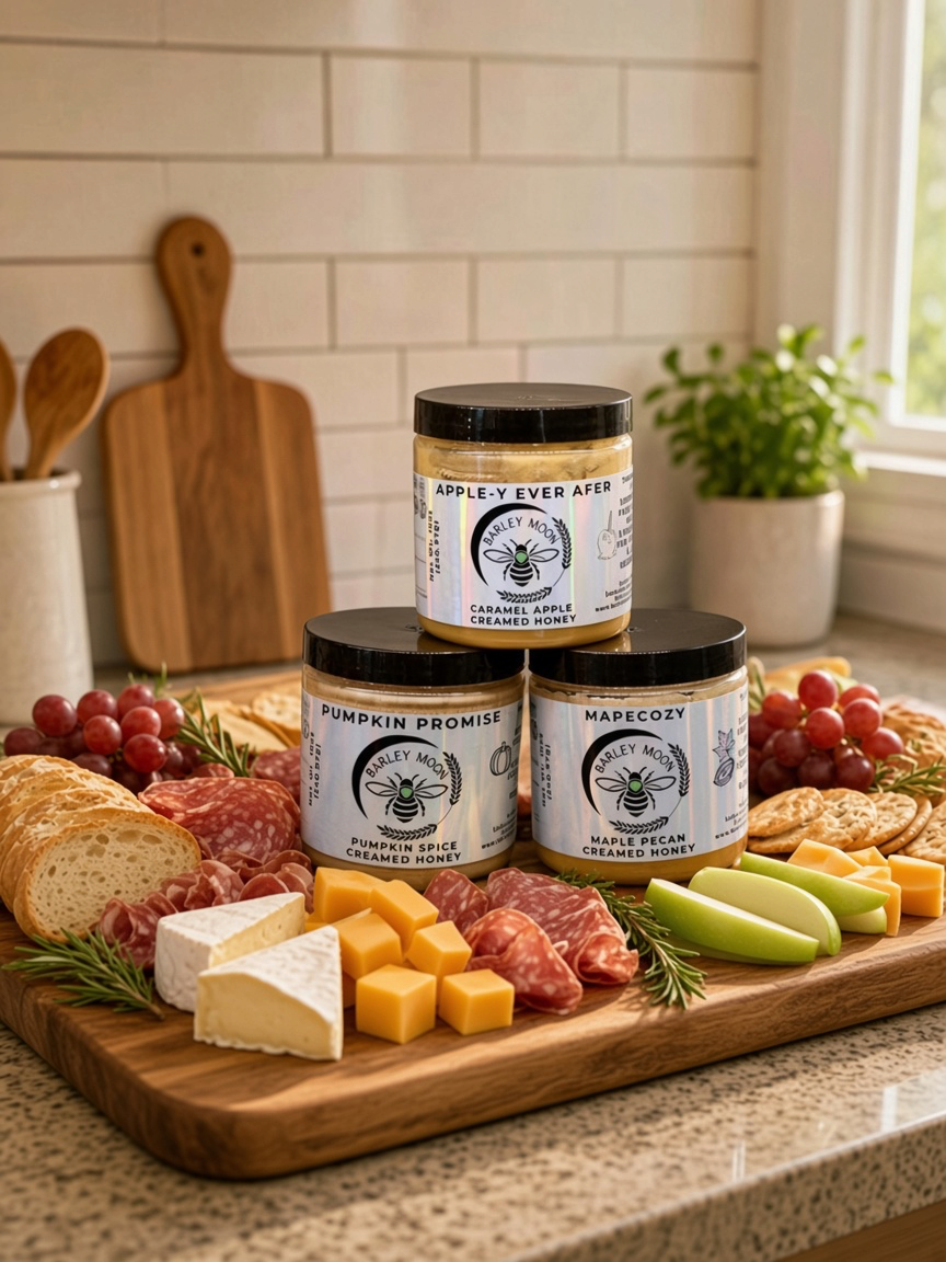 Barley Moon Botanicals Cozy Fall Trio of creamed honey jars on a charcuterie board with cheese, fruit, and crackers.