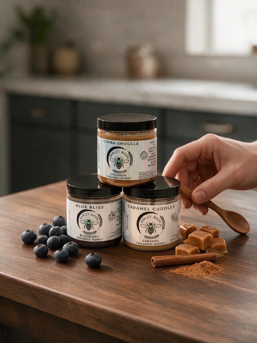 Barley Moon Botanicals Crowd Favorites Trio of creamed honey jars with cinnamon, blueberry, and caramel flavors.