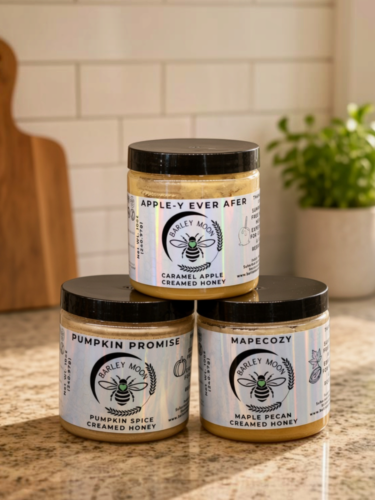 Barley Moon Botanicals Cozy Fall Trio of three 10 oz jars of pumpkin spice, caramel apple, and maple pecan creamed honey