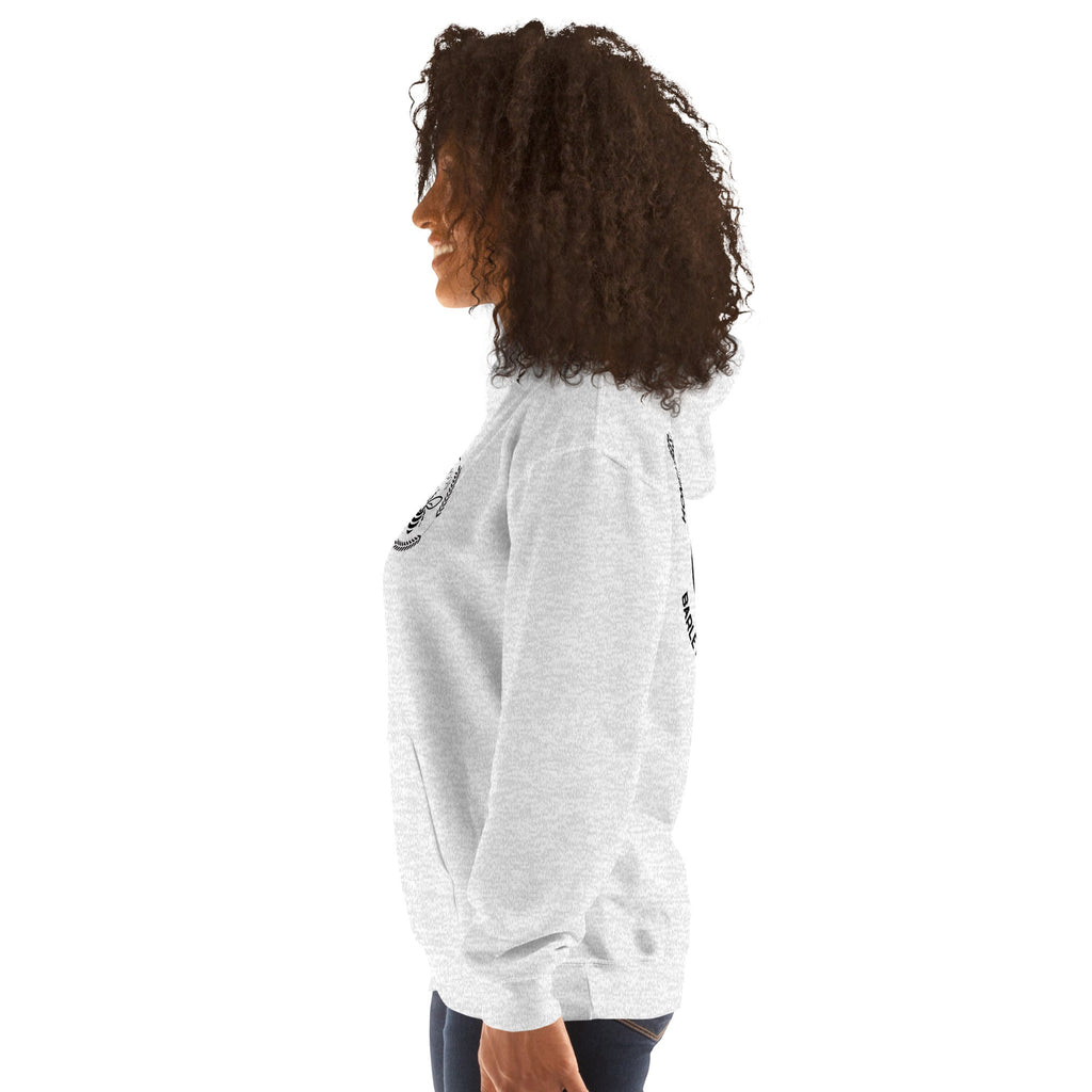Barley Moon Botanicals unisex hoodie in light grey with bee and crescent moon logo, worn by a woman in profile.