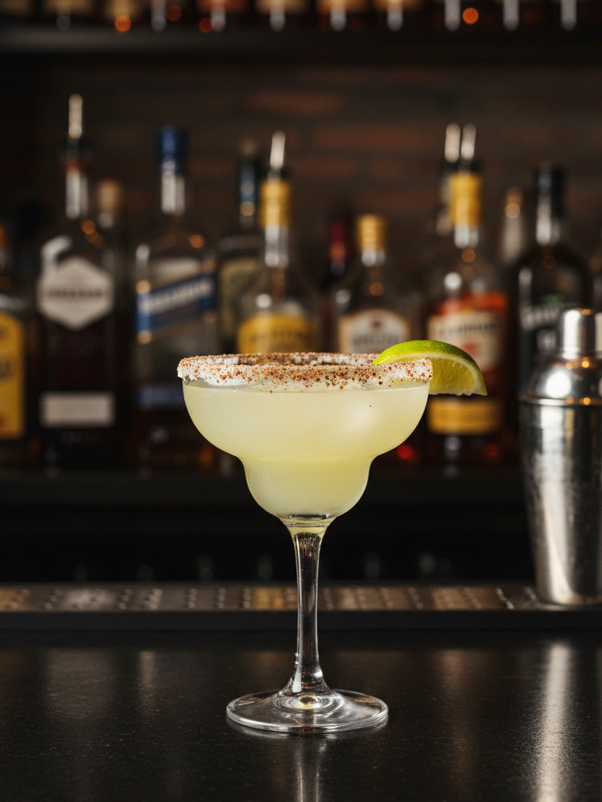 Barley Moon Botanicals Habanero Honey margarita cocktail with a chili-salted rim and lime wedge in a bar setting.