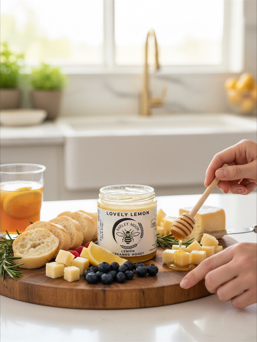 Barley Moon Botanicals Lovely Lemon creamed honey drizzled on a cheese board with bread, berries, and fresh herbs.
