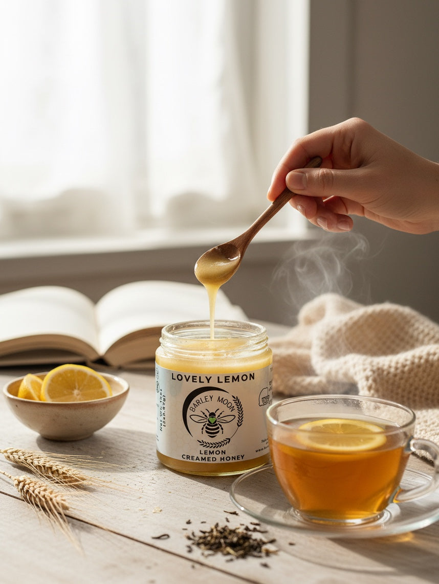Barley Moon Botanicals Tea Lover Bundle featuring creamed honey jars, a honey bear, and lemon ginger honey straws.