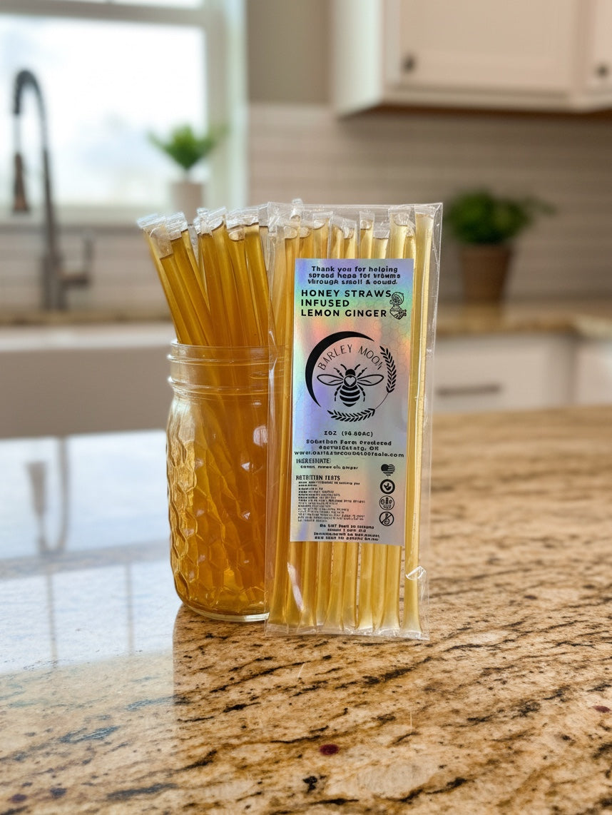Barley Moon Botanicals Tea Lover Bundle featuring creamed honey jars, a honey bear, and lemon ginger honey straws.