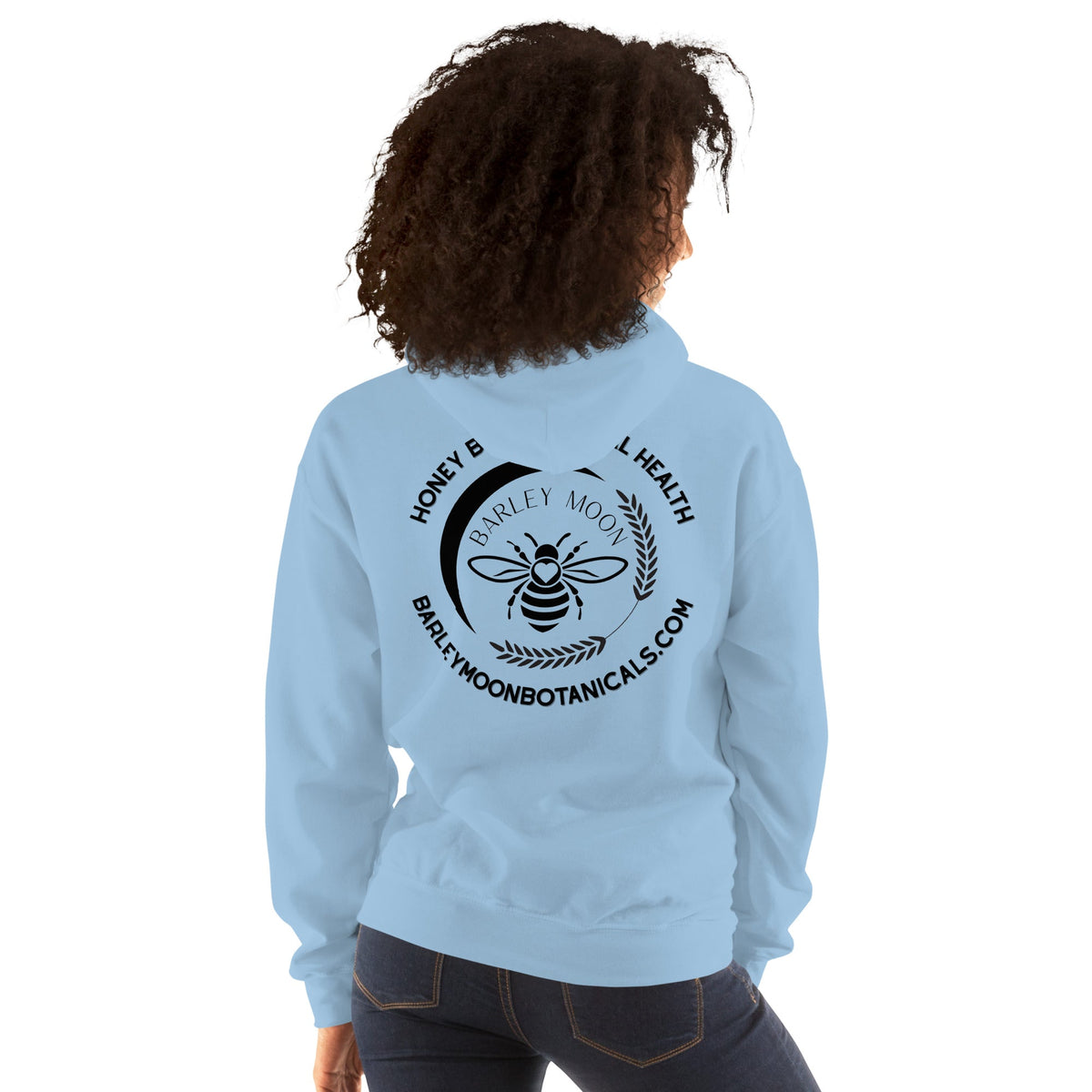 Barley Moon Botanicals light blue unisex hoodie featuring a black bee and crescent moon logo on the back
