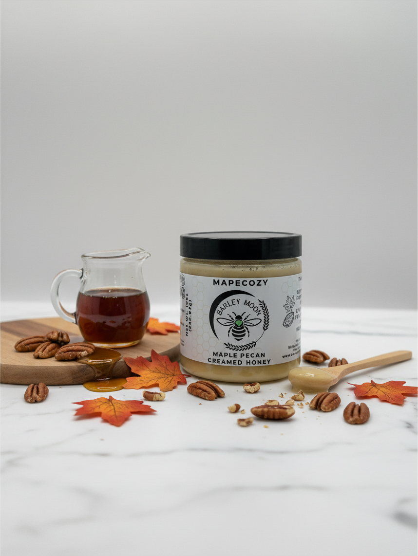 Barley Moon Botanicals MapeCozy maple pecan creamed honey jar with a wooden spoon, pecans, and syrup on a marble table.