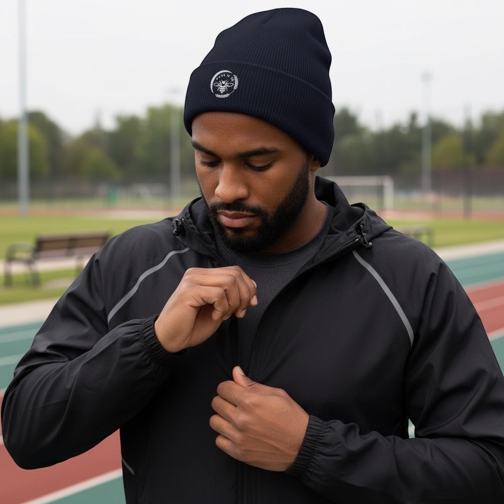 Man wearing a navy Barley Moon Botanicals cuffed beanie with a white bee and moon logo on a running track