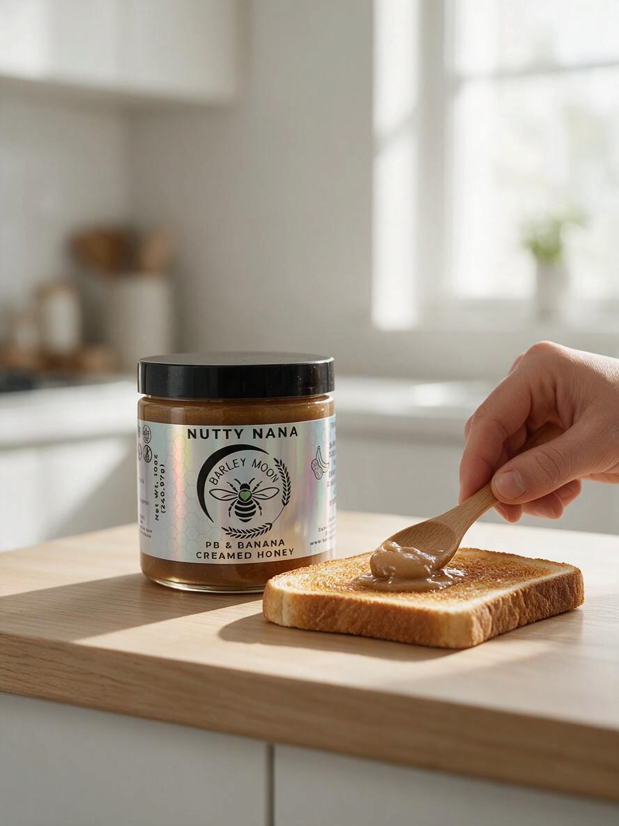 Barley Moon Botanicals Nutty Nana peanut butter banana creamed honey being spread on toast with a wooden spoon