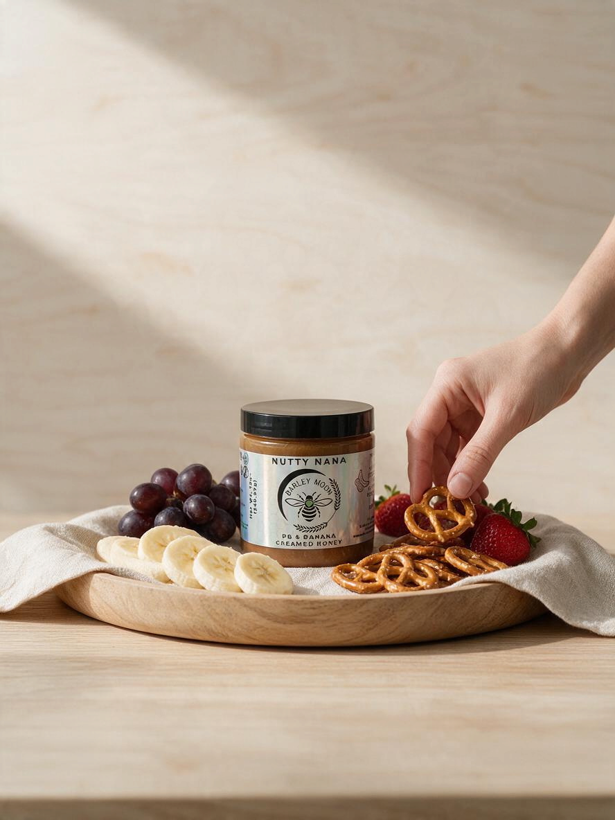 Barley Moon Botanicals Nutty Nana peanut butter banana creamed honey jar served with fruit and pretzels on a tray