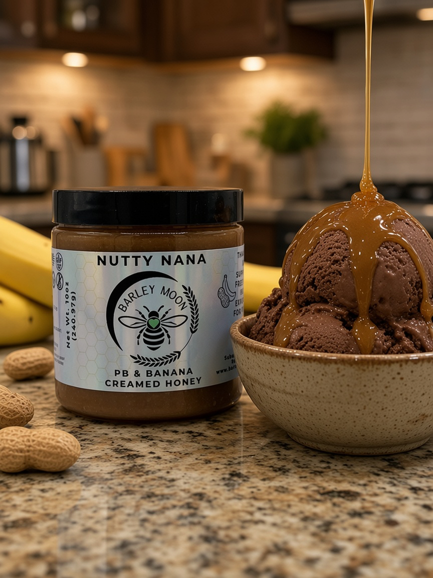 Barley Moon Botanicals Nutty Nana peanut butter banana creamed honey jar next to a bowl of chocolate ice cream