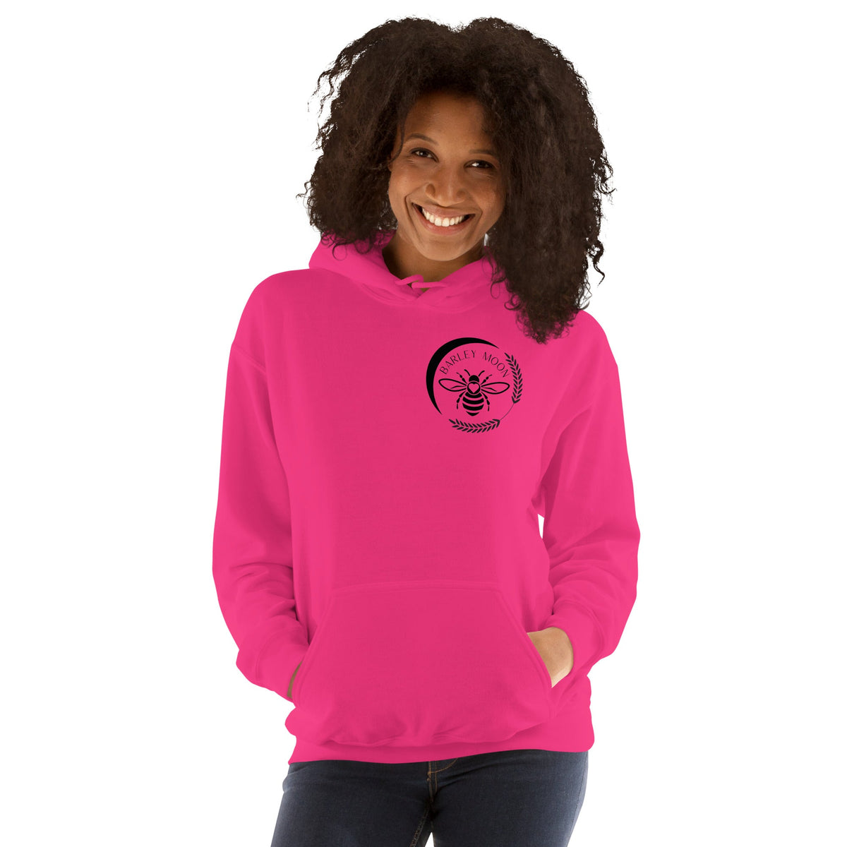 Barley Moon Botanicals unisex hoodie in bright pink with a black bee and crescent moon logo on the chest.