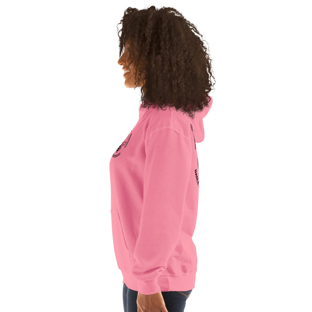 Side view of a woman wearing a pink Barley Moon Botanicals unisex hoodie with a bee and moon logo graphic.