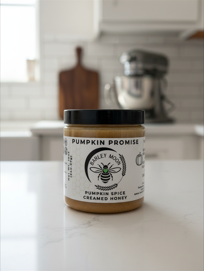 Barley Moon Botanicals Pumpkin Promise pumpkin spice creamed honey in a 10 oz glass jar on a white kitchen counter.