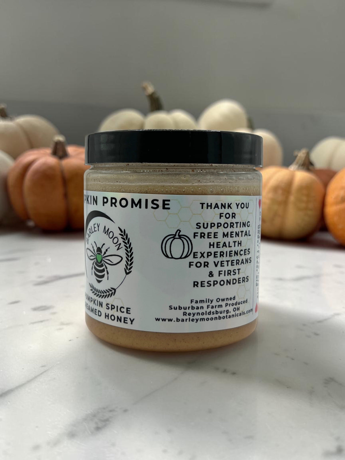 Barley Moon Botanicals Pumpkin Promise creamed honey in a glass jar with pumpkin spice, set against small pumpkins.