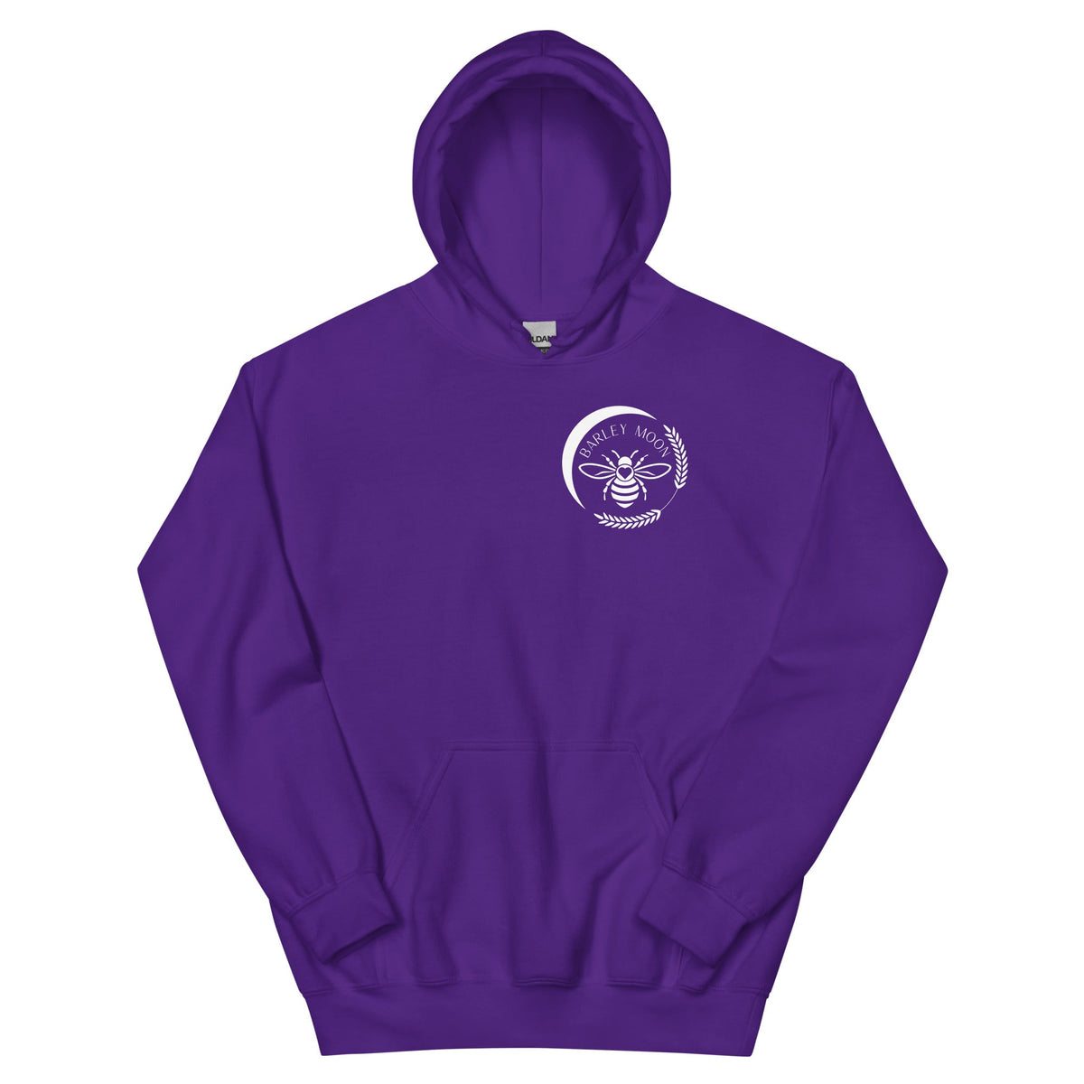 Barley Moon Botanicals purple unisex hoodie featuring a white bee and crescent moon logo on the chest.
