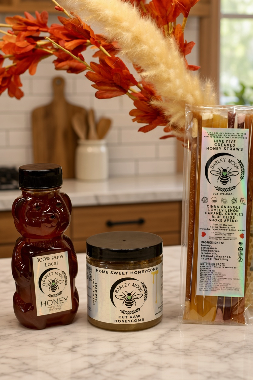 Barley Moon Botanicals raw honey bundle featuring a bear-shaped honey jar, raw honeycomb, and creamed honey straws.