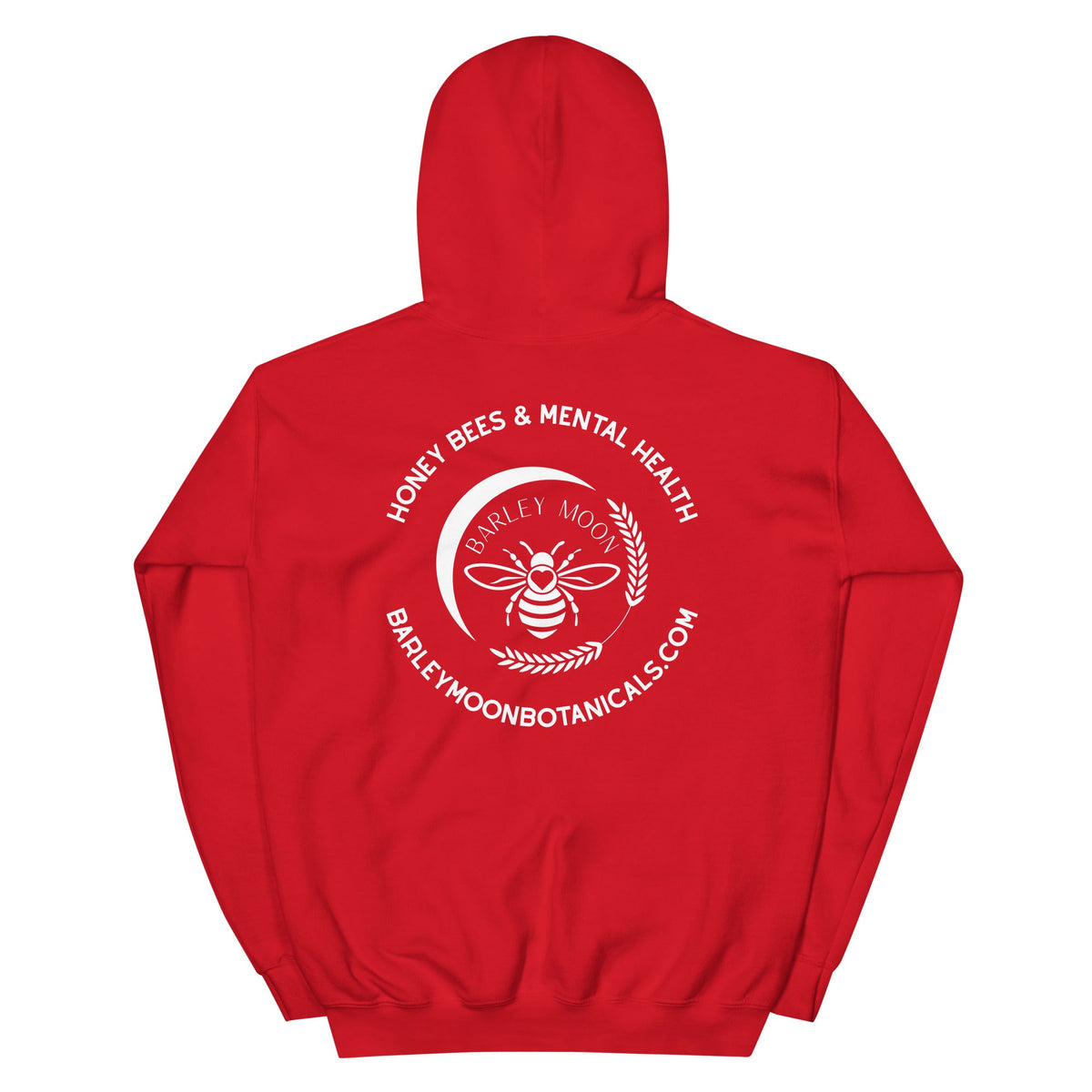 Back view of a red Barley Moon Botanicals unisex hoodie featuring a white bee and crescent moon logo graphic.