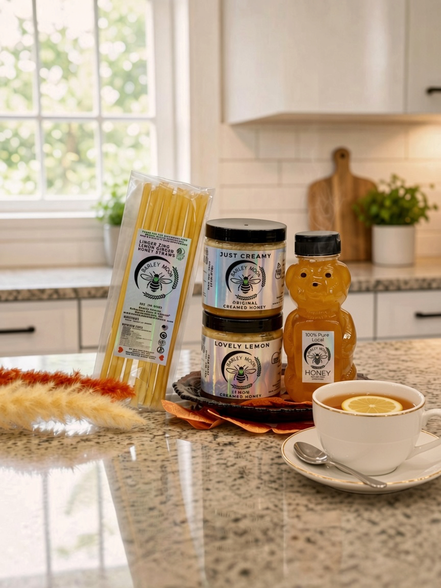 Barley Moon Botanicals Tea Lover Bundle featuring creamed honey jars, a honey bear, and lemon ginger honey straws.