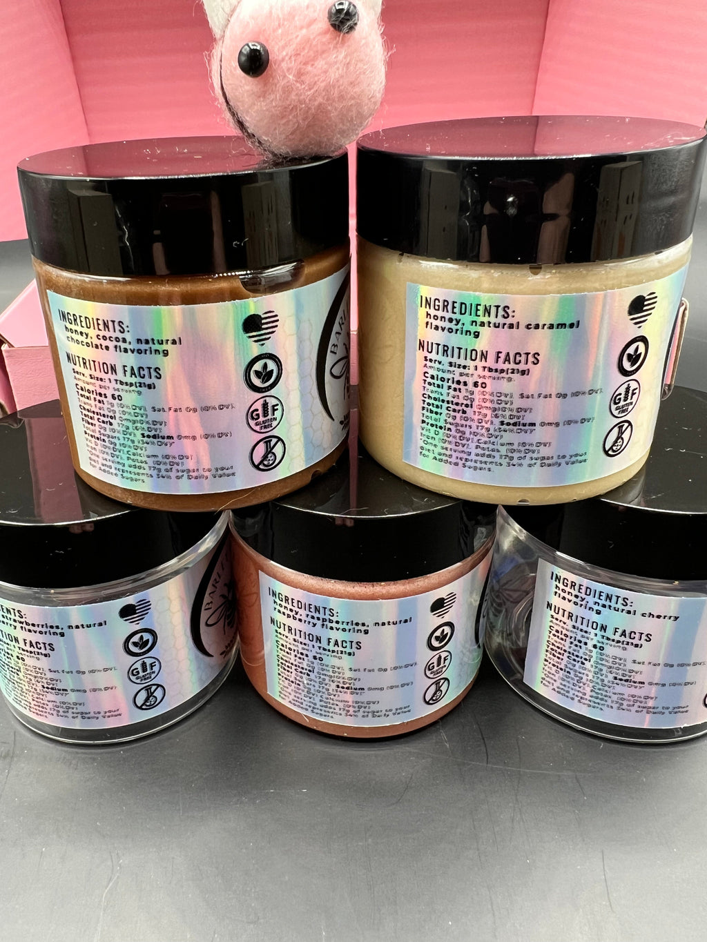 Barley Moon Botanicals Bee Mine whipped honey flight set with five jars, and a cute felt bee.