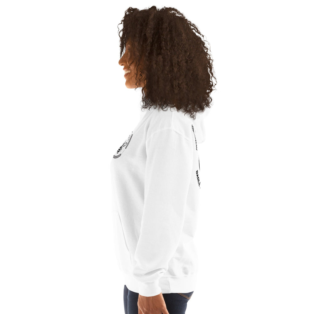 Barley Moon Botanicals white unisex hoodie with bee and crescent moon graphic, side view on a model