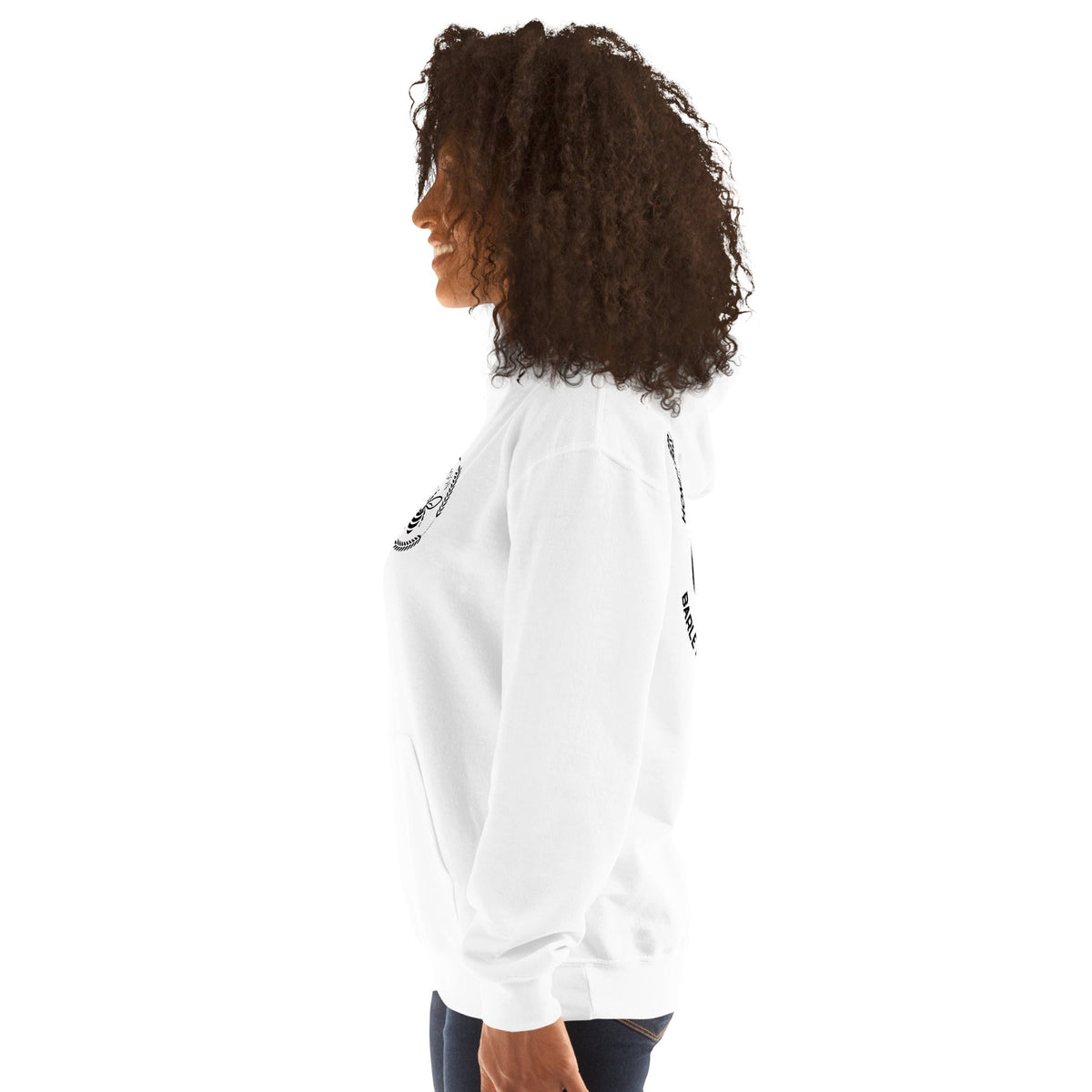 Barley Moon Botanicals white unisex hoodie with bee and crescent moon graphic, side view on a model