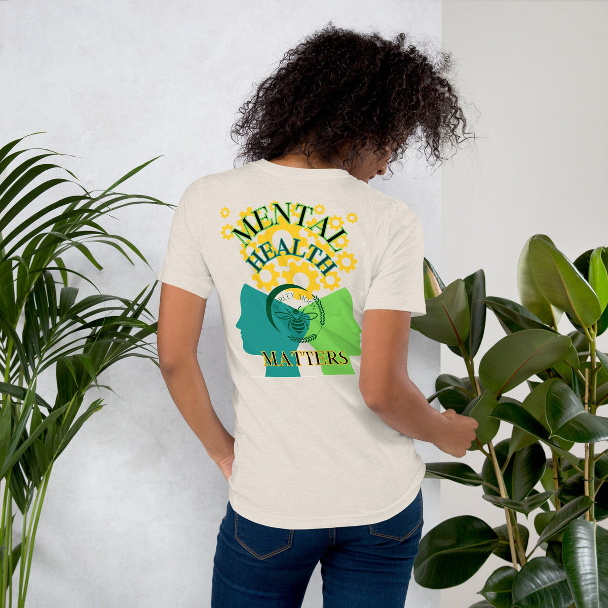 Barley Moon Botanicals unisex heather grey t-shirt featuring a mental health awareness graphic on the back.