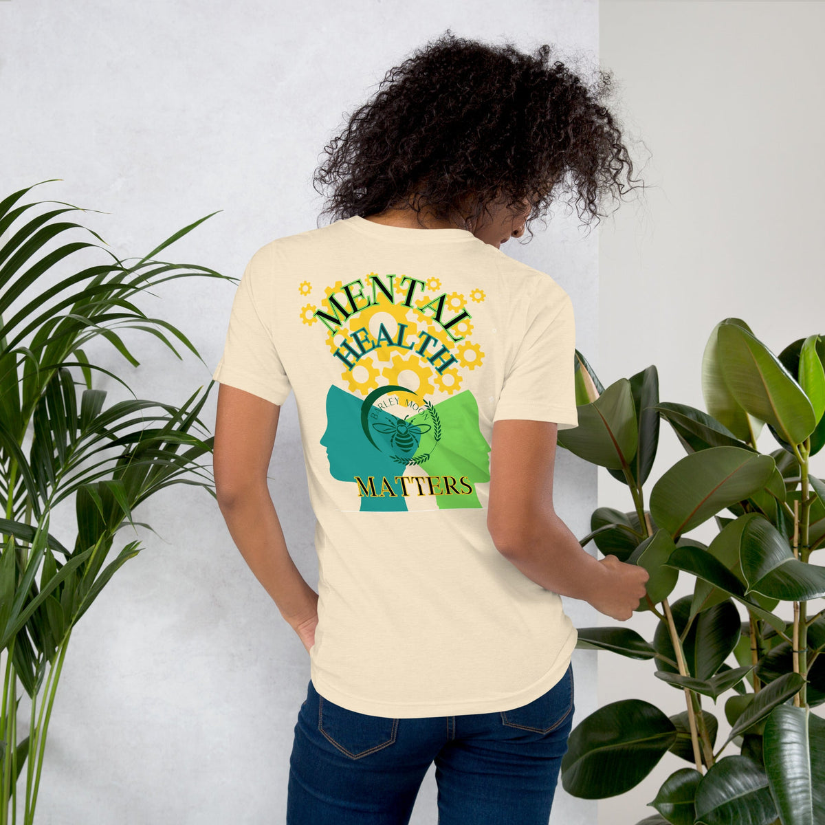 Barley Moon Botanicals unisex heather grey t-shirt featuring a mental health awareness graphic on the back.