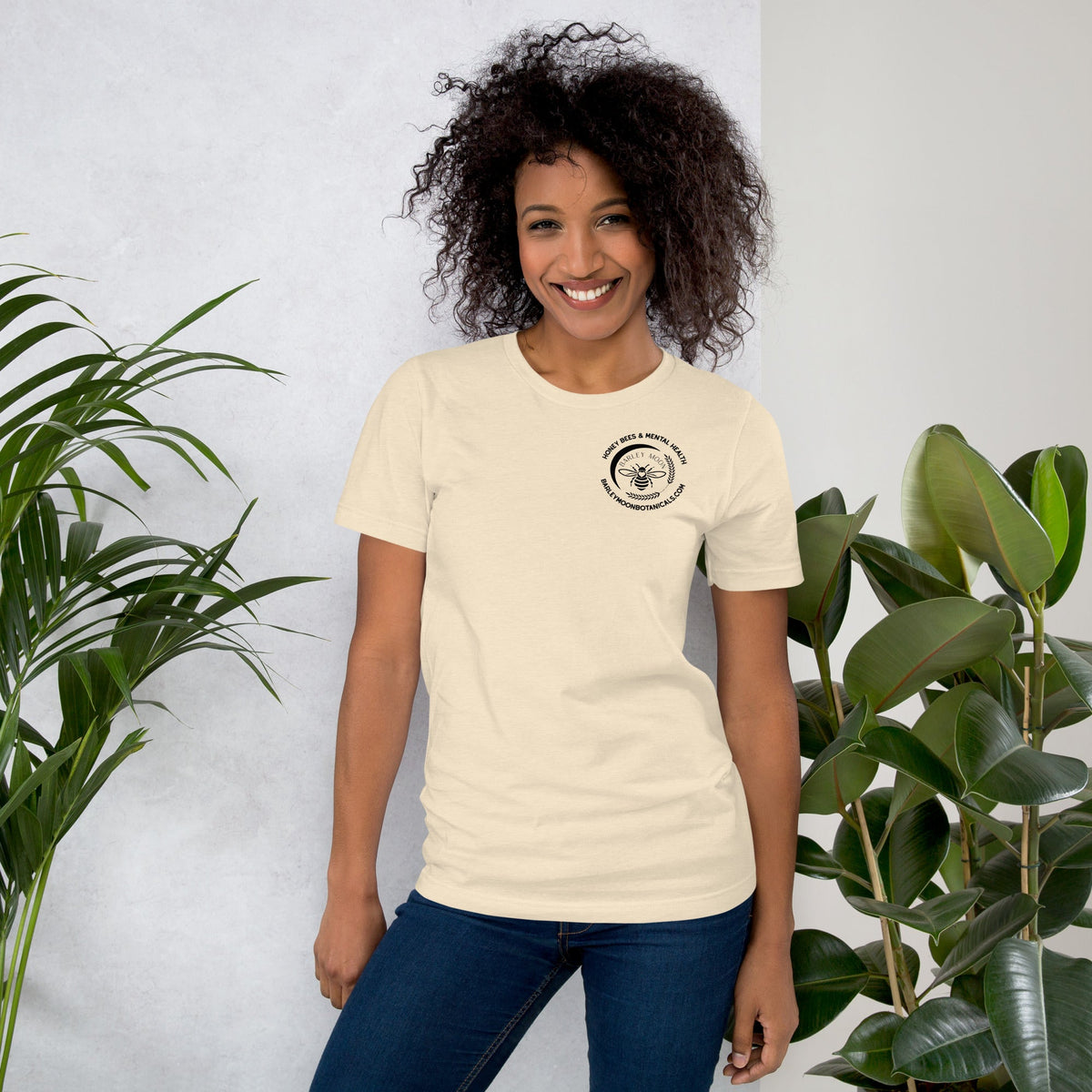 Barley Moon Botanicals unisex heather grey t-shirt featuring a mental health awareness graphic on the back.