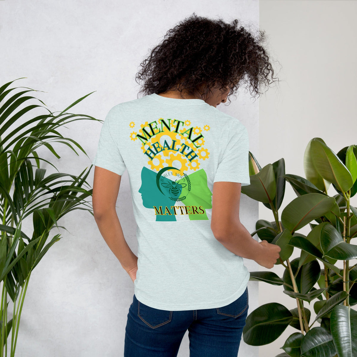 Barley Moon Botanicals unisex heather grey t-shirt featuring a mental health awareness graphic on the back.